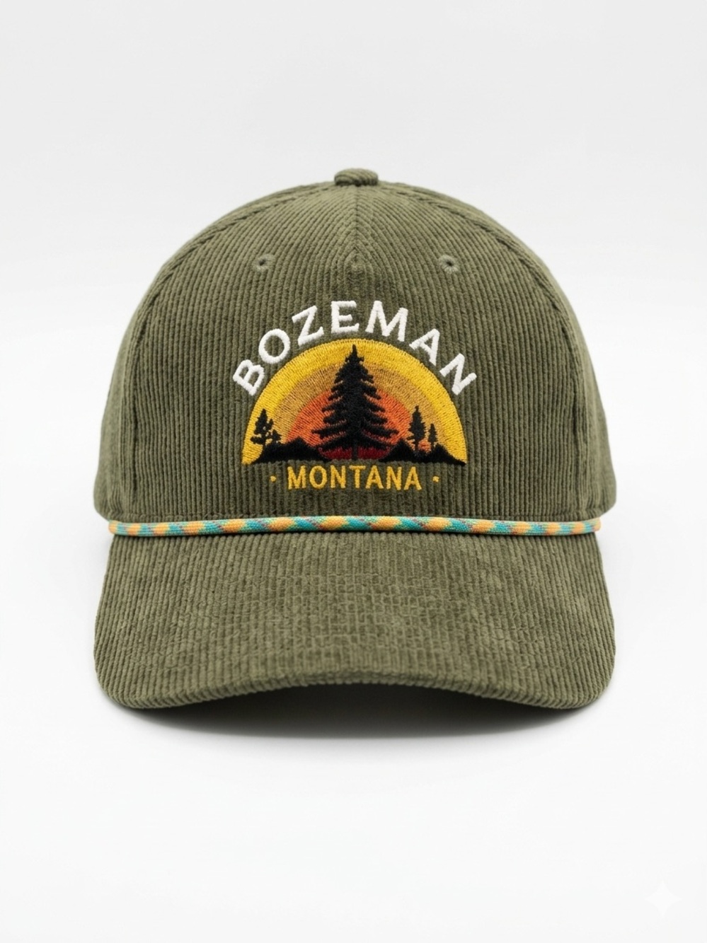 Bozeman Montana Corduroy Strapback Hat Olive Green Outdoor Cap Rope USA